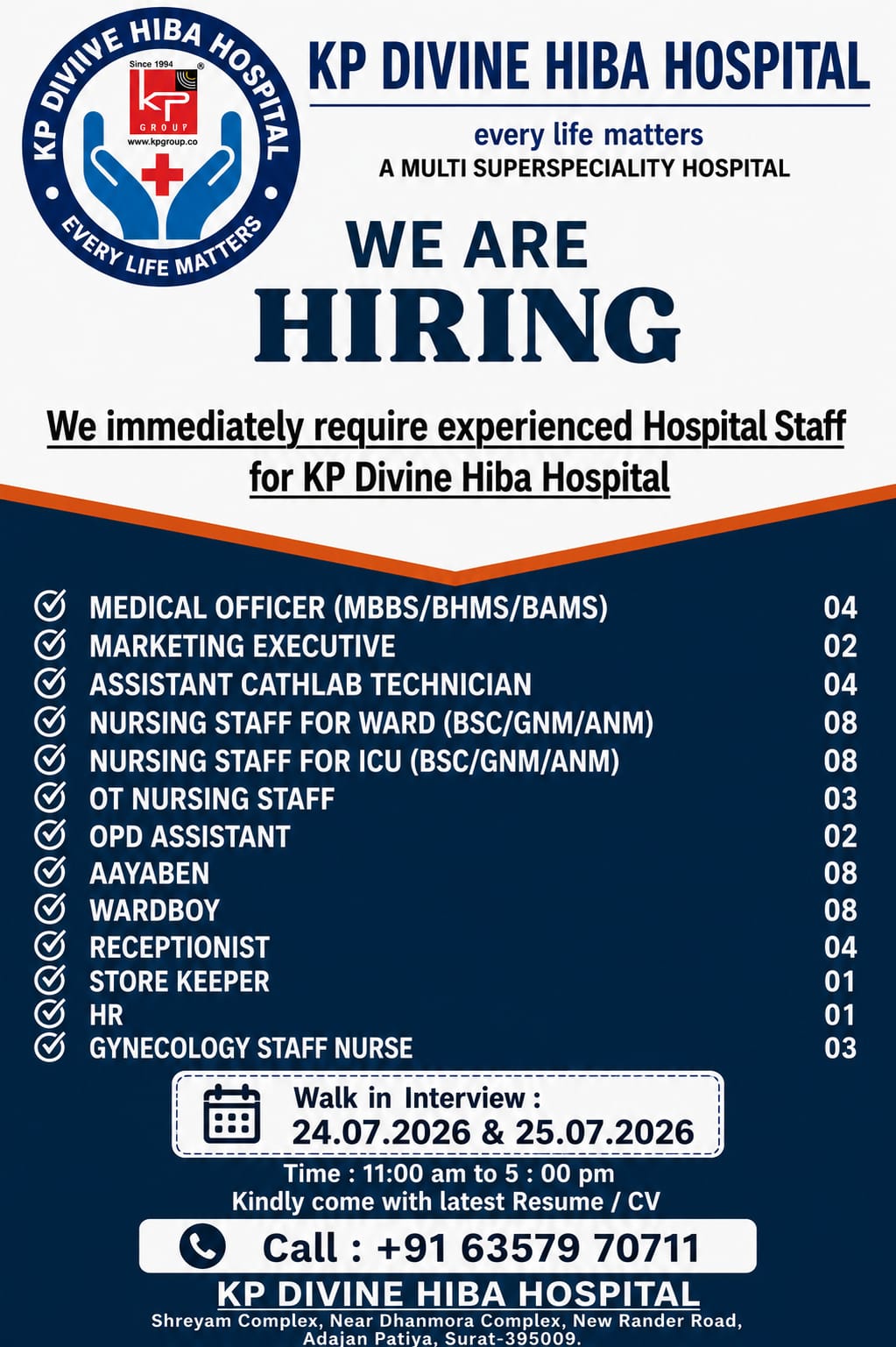 KP Divine Hiba Hospital Hiring